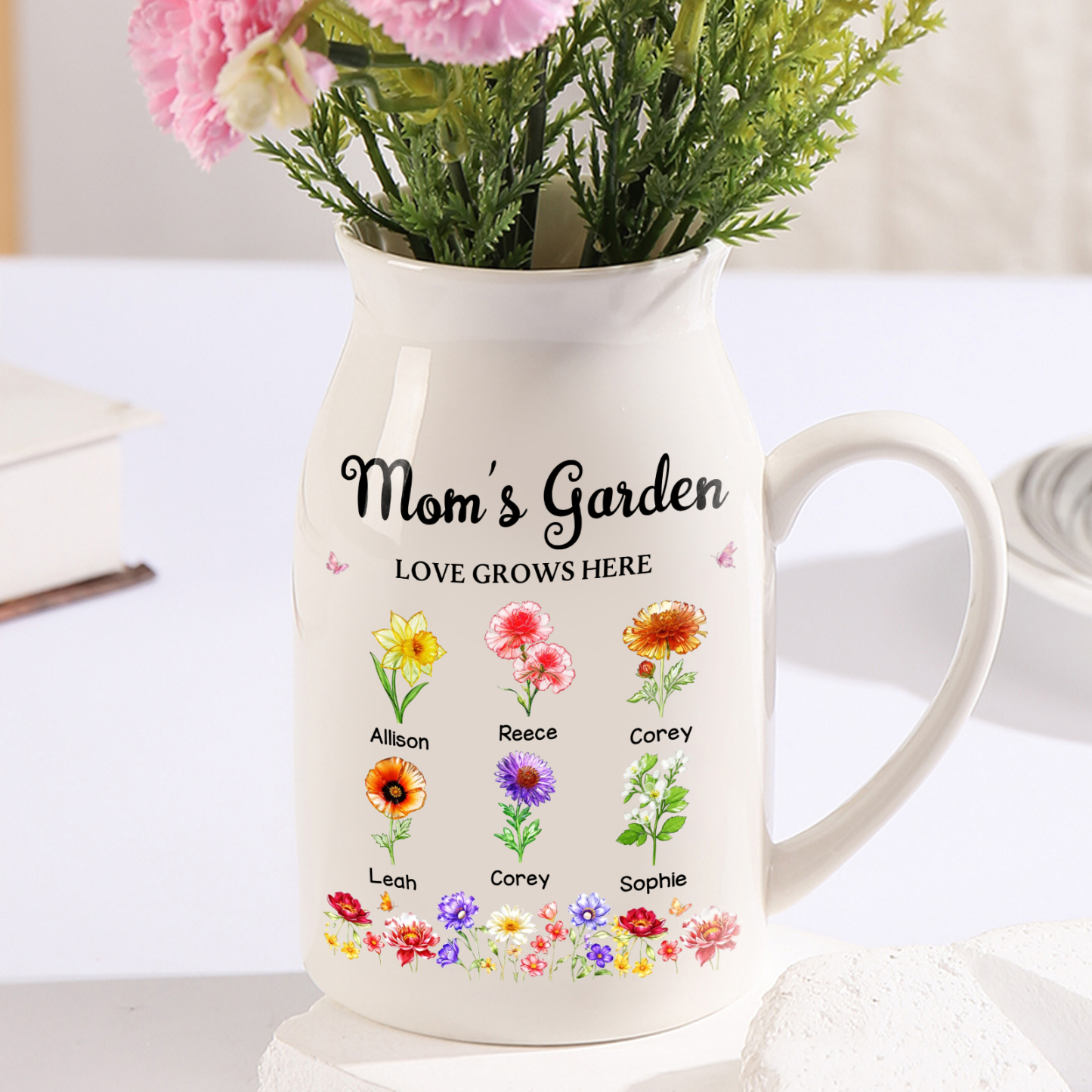 Personalized Ceramic Vase with Floral Motif “Grandma’s Garden,” Customized with 1–10 Birth Flowers and Names, Mother’s Day and Birthday Gift for Mom, Grandma, Wife | Jessemade