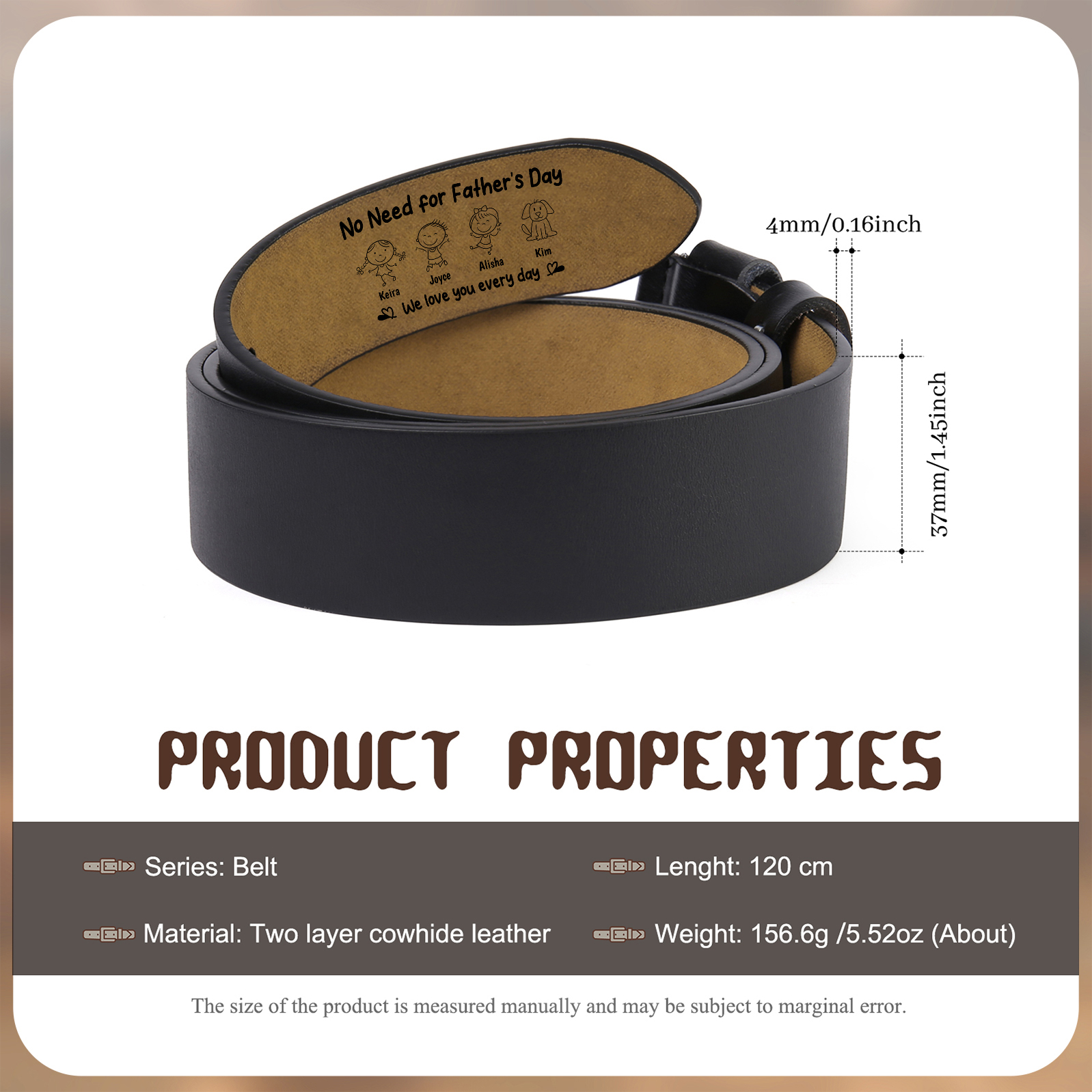 Personalized Leather Belt for Men Customized with 1-6 Names and Kids’ Drawing Gift for Dad Father’s Day