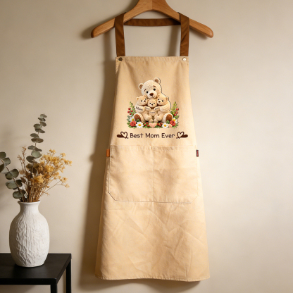 Personalized Cooking Apron With Pocket Customized With 1-10 Names And Teddy Bear