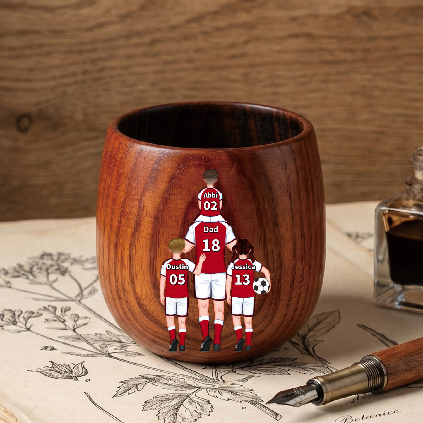 Personalized Wooden Whiskey Tumbler Cup for Dad Customized with 1–5 Kids Names Football Family
