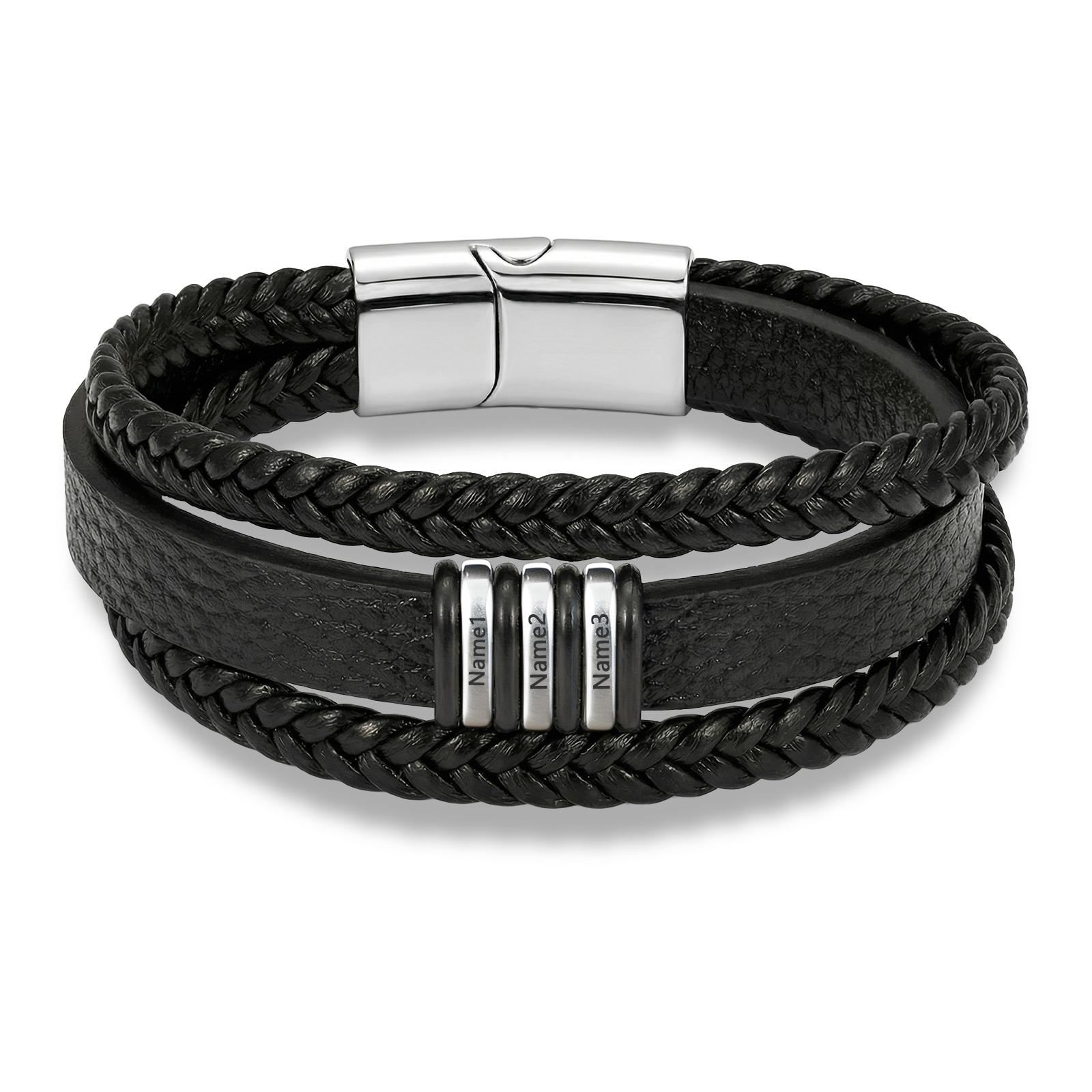 Personalized Braided Leather Bracelet for Men Custom with 2–6 Names Engraved