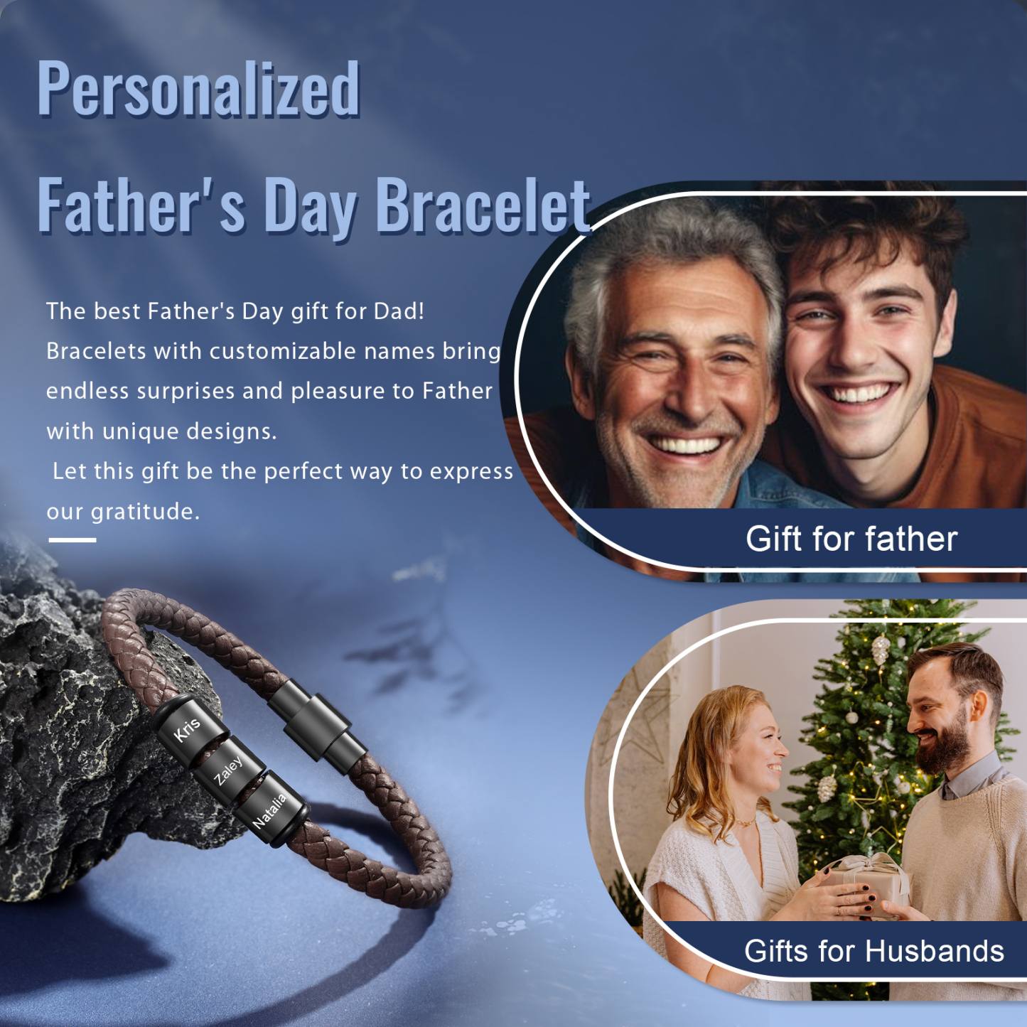 Personalized Men's Bead Bracelet with Custom 3 Names Personalized Gift for Him | Jessmade 