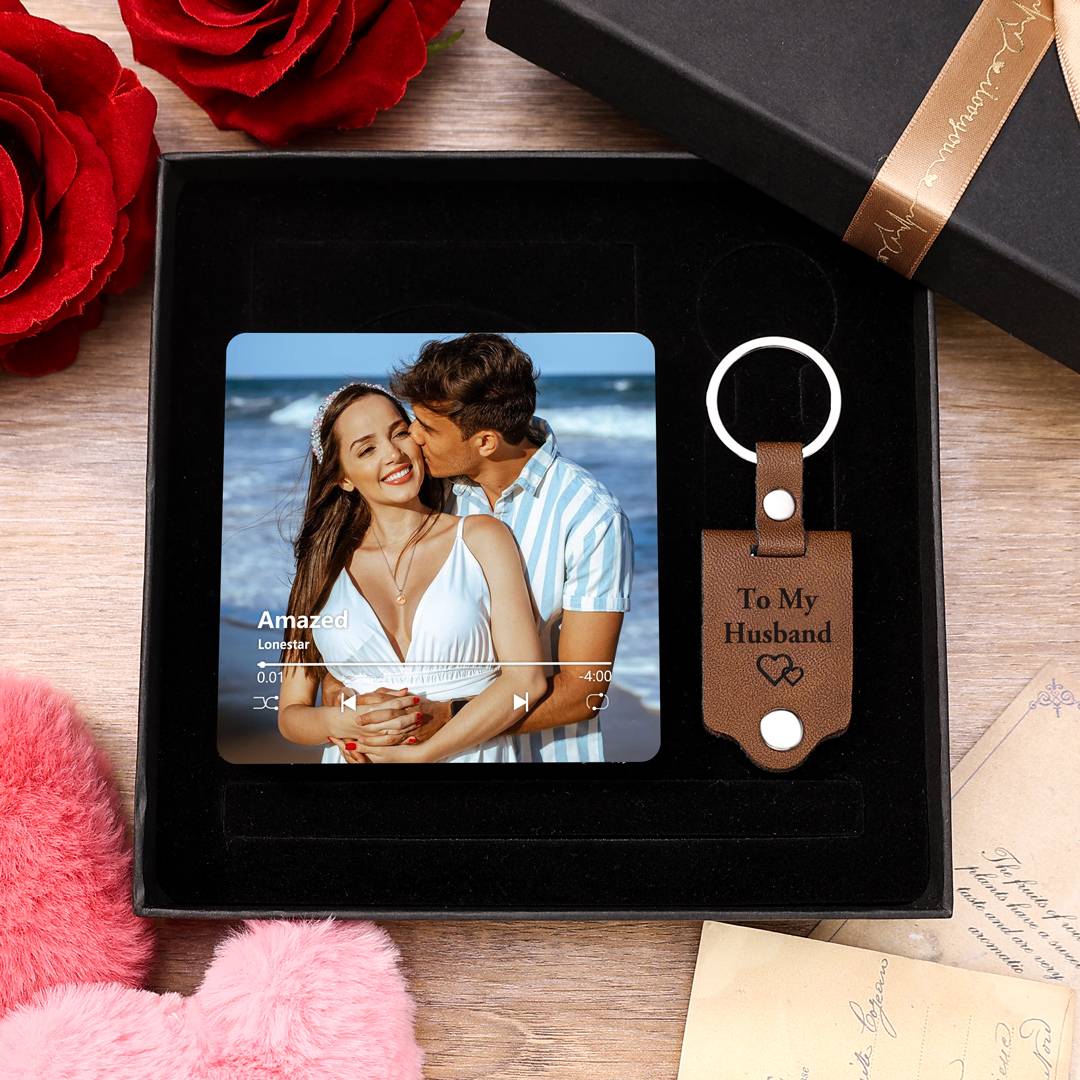 Personalized Gift Set for Him– Custom Music Photo Magnet, Engraved Keychain & Wooden Pen, Valentine’s Day Gift for Him | Jessemade