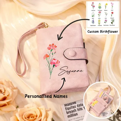 Pink Color Personalized Birthday Flower Leather Wallet Engraving Name Wallet Gifts for Women