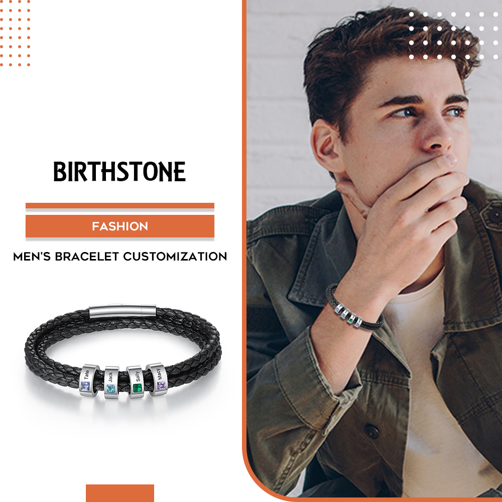 Personalized 3 Layer Leather Bracelet with 4 Beads Engraved Names Men's Bracelets for Him
