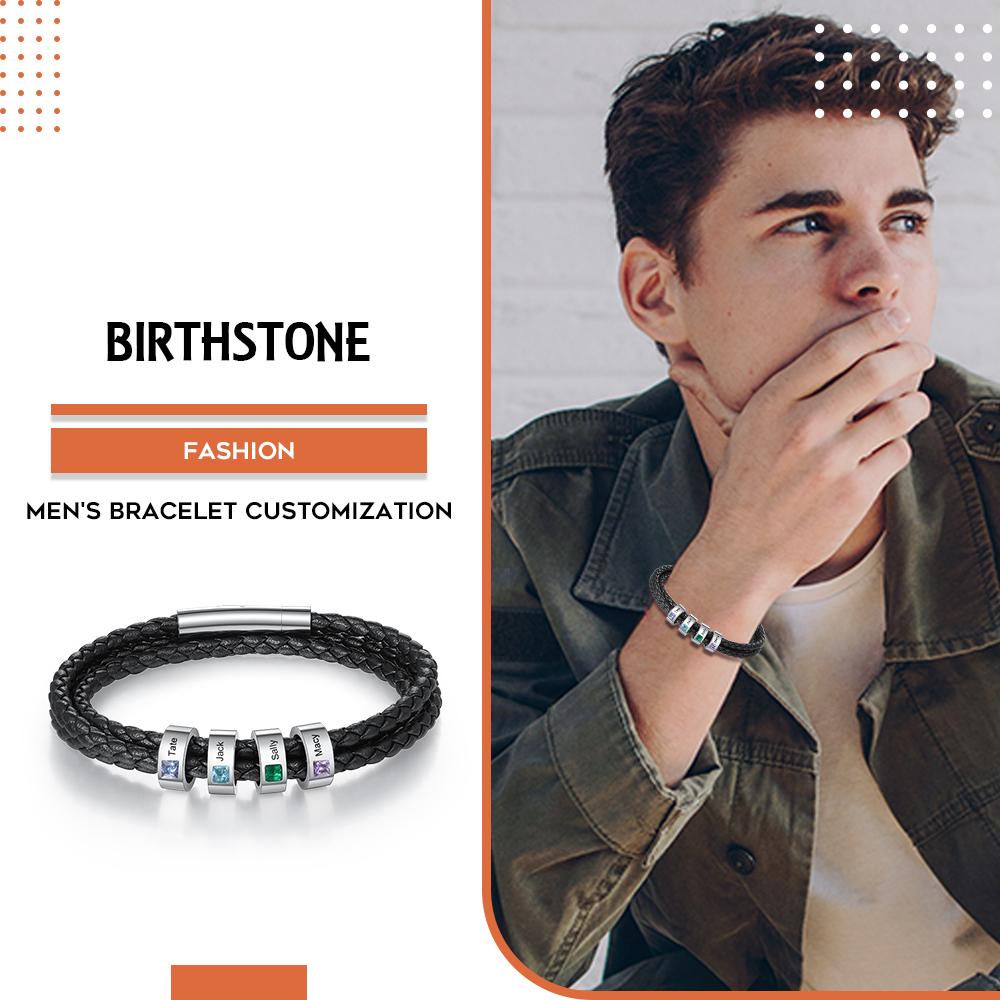 Personalized 3 Layer Leather Bracelet with 4 Beads Engraved Names Men's Bracelets for Him