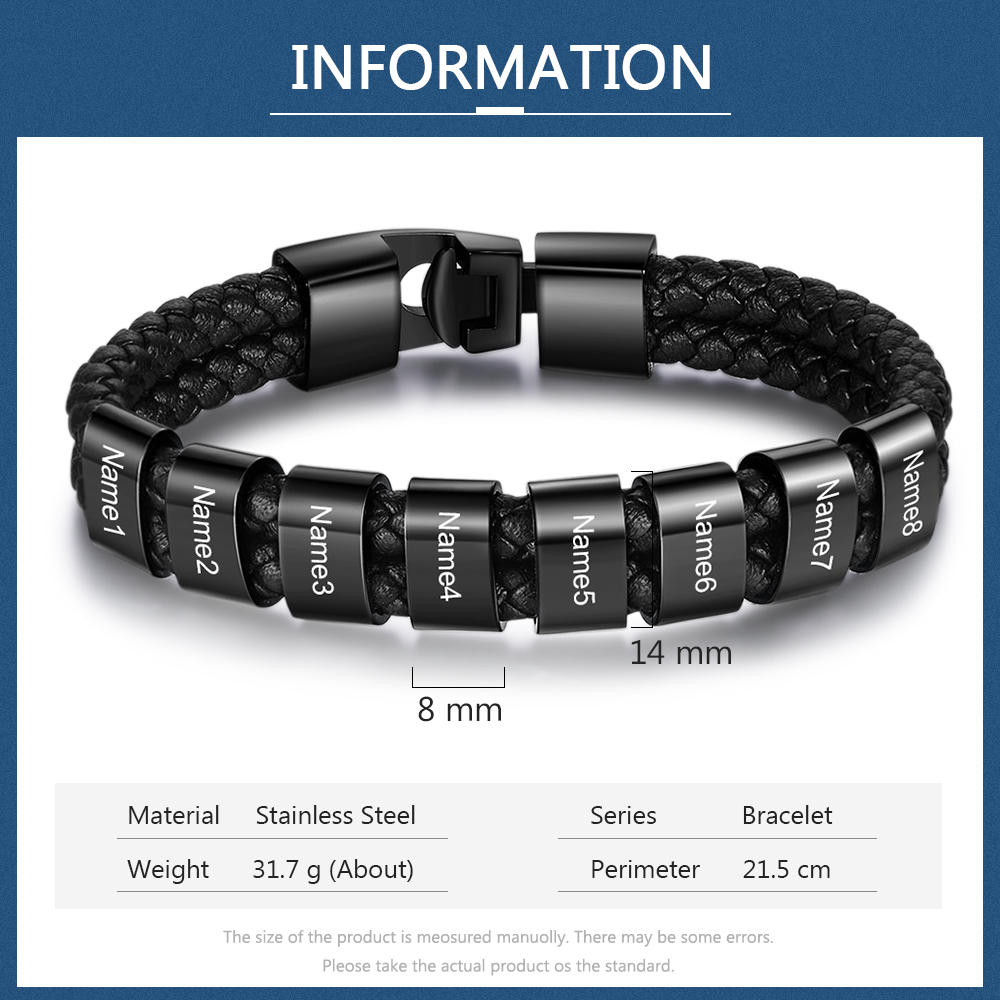 Customized Braided Leather Bracelet Engraved 8 Names Men's Bracelet for Him