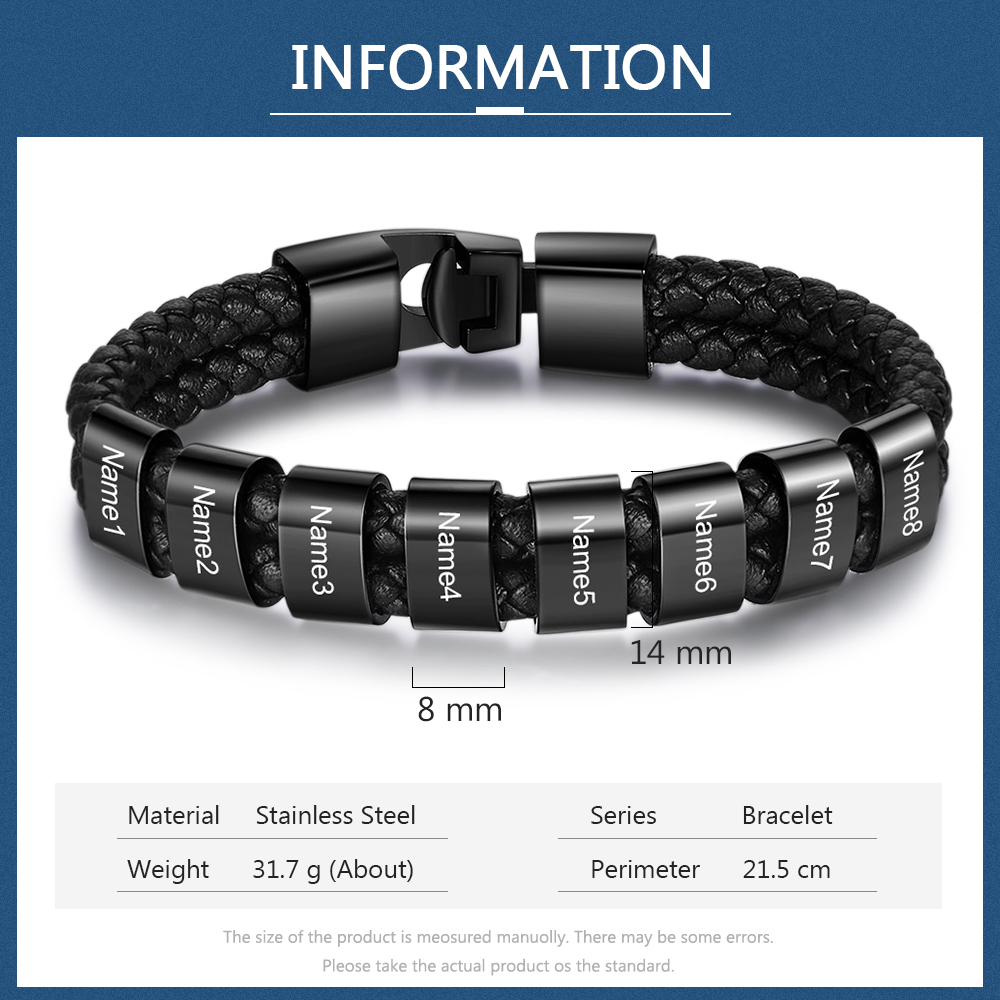 Customized Braided Leather Bracelet Engraved 8 Names Men's Bracelet for Him