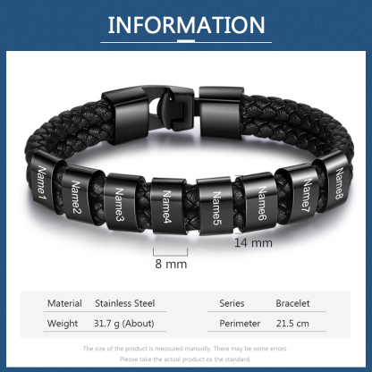 Customized Braided Leather Bracelet Engraved 8 Names Men's Bracelet for Him