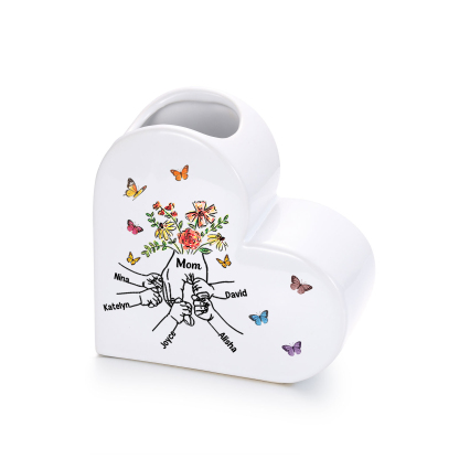 Personalized Ceramic Heart Vase Holding Hand Custom With 2–8 Names Gift For Mom Or Grandma