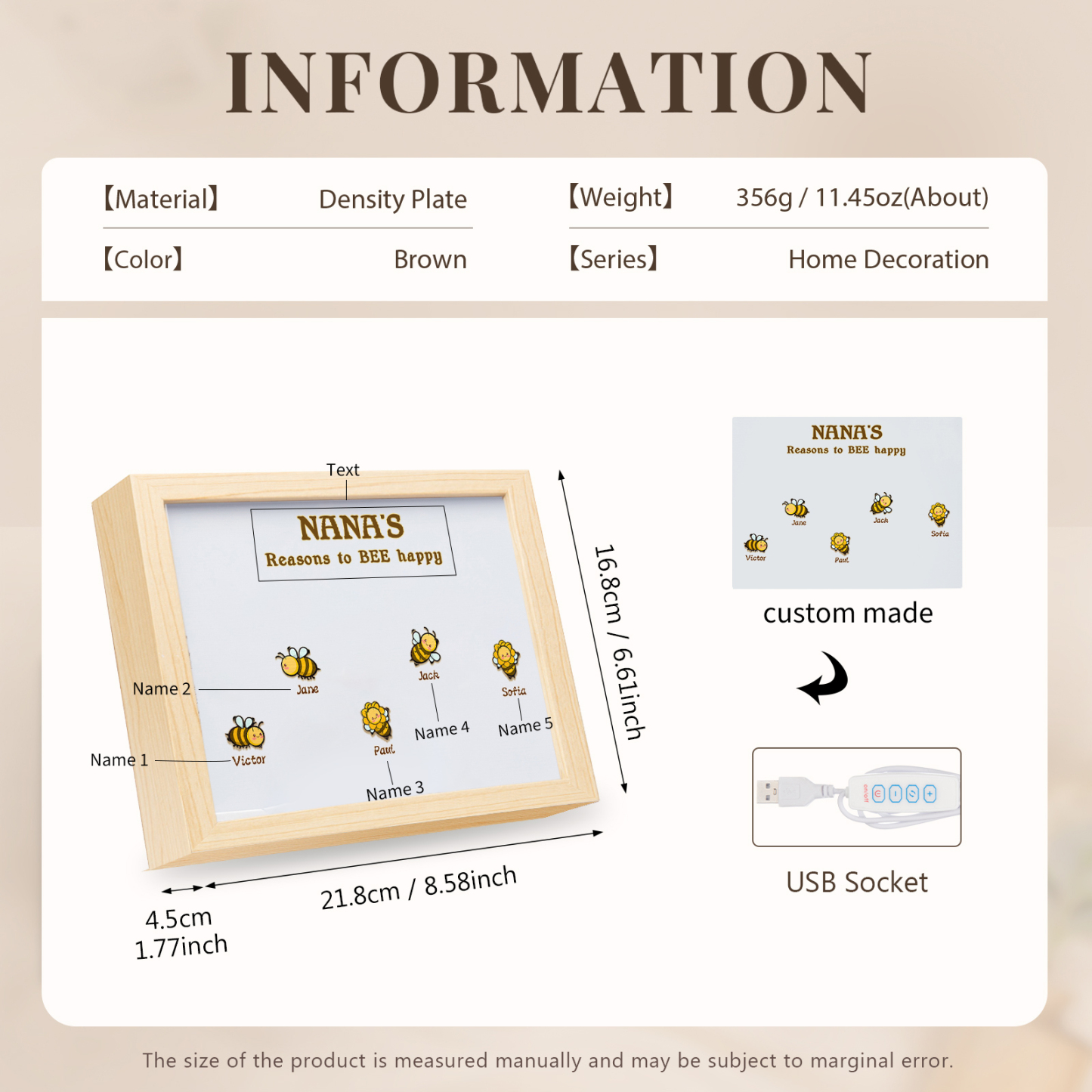 5 Names-Personalized Family Color Or Black And White Frame Custom 5 Names And Text LED Night Light