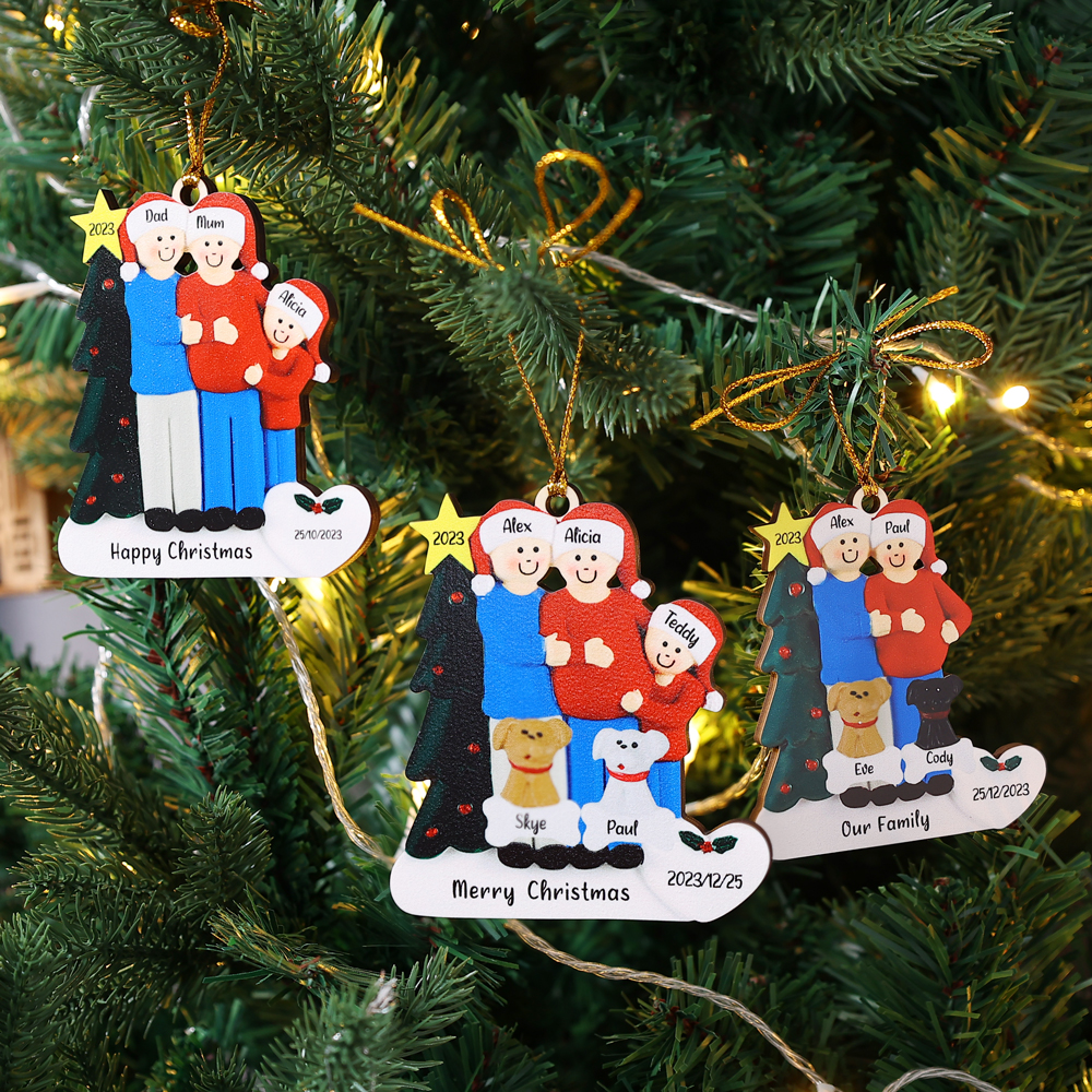 4 Names-Personalized Family Wooden Christmas Xmas Tree Decoration Ornament-Custom 4 Names And Dates Hanging Ornament Gifts For Family