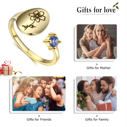 Personalized 1-12 Month Birth flower With Birthstone Open Rings For Women