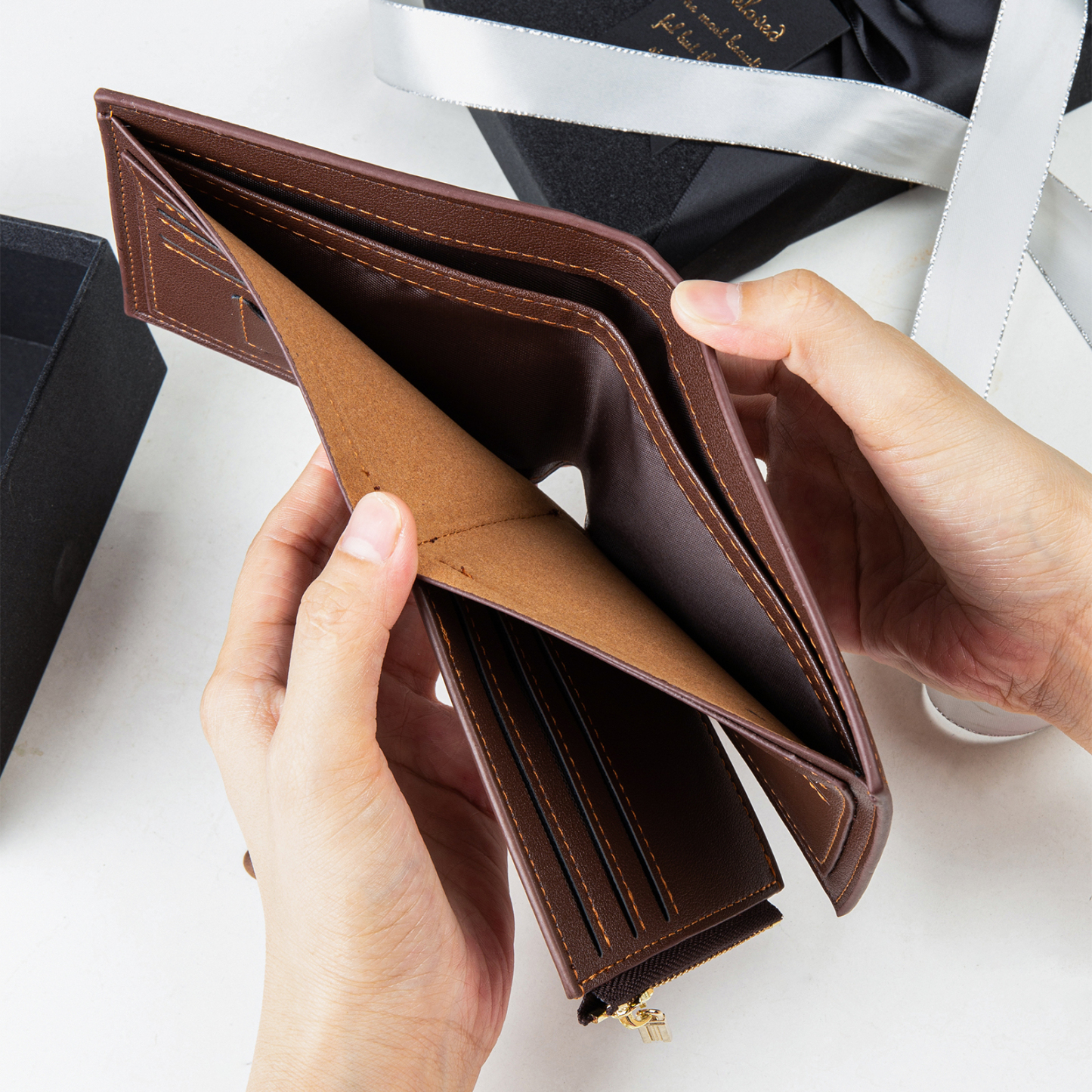 Personalized Photo Leather Men's Wallet Customized Name Letters Folding Brown Wallet Gift for Grandpa