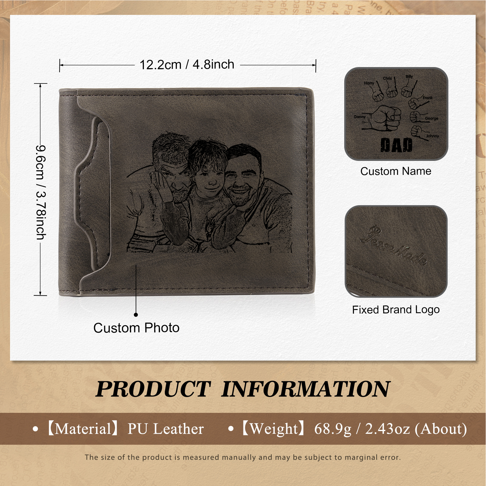 7 Names - Personalized Photo Custom Leather Men's Folding Wallet as a Father's Day Gift for Dad
