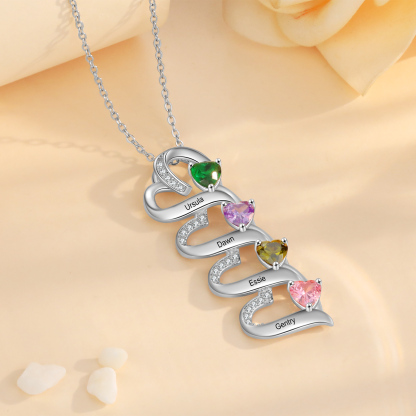 4 Names-Personalized Hearts Necklace Custom Birthstone Necklace Engraved Names Special Gifts for Her