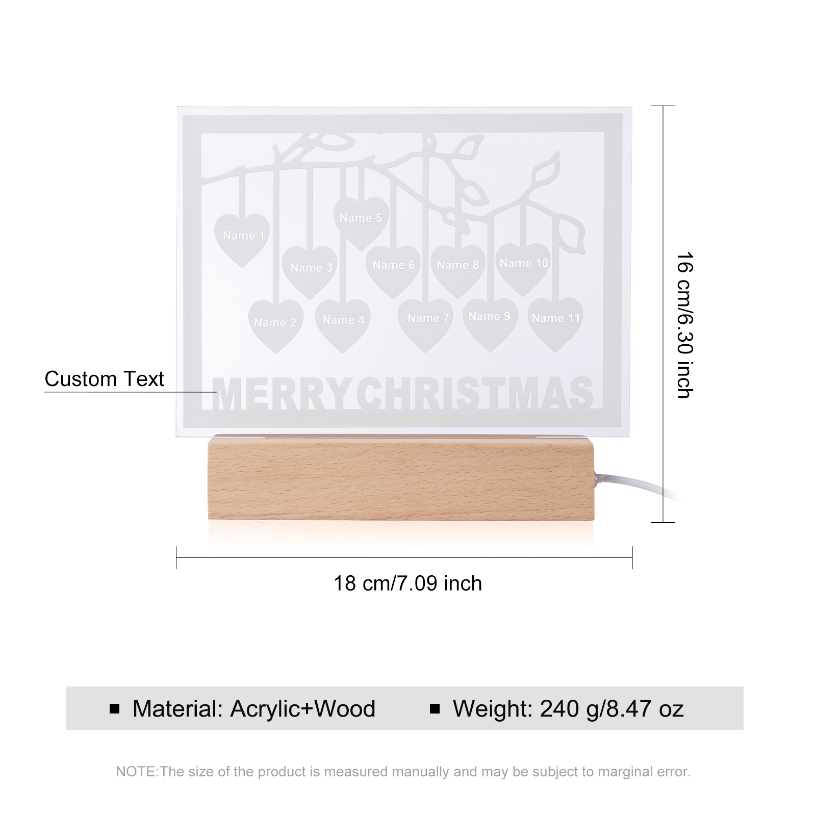 Personalized Family Tree Night Light LED Sign Engraved 11 Names Plaque USB Power Lamp