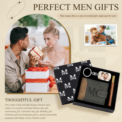 Personalized Leather Wallet Gift Box Set with Keychain Customizable Photo Letter and Name Wallet Gift for Dad