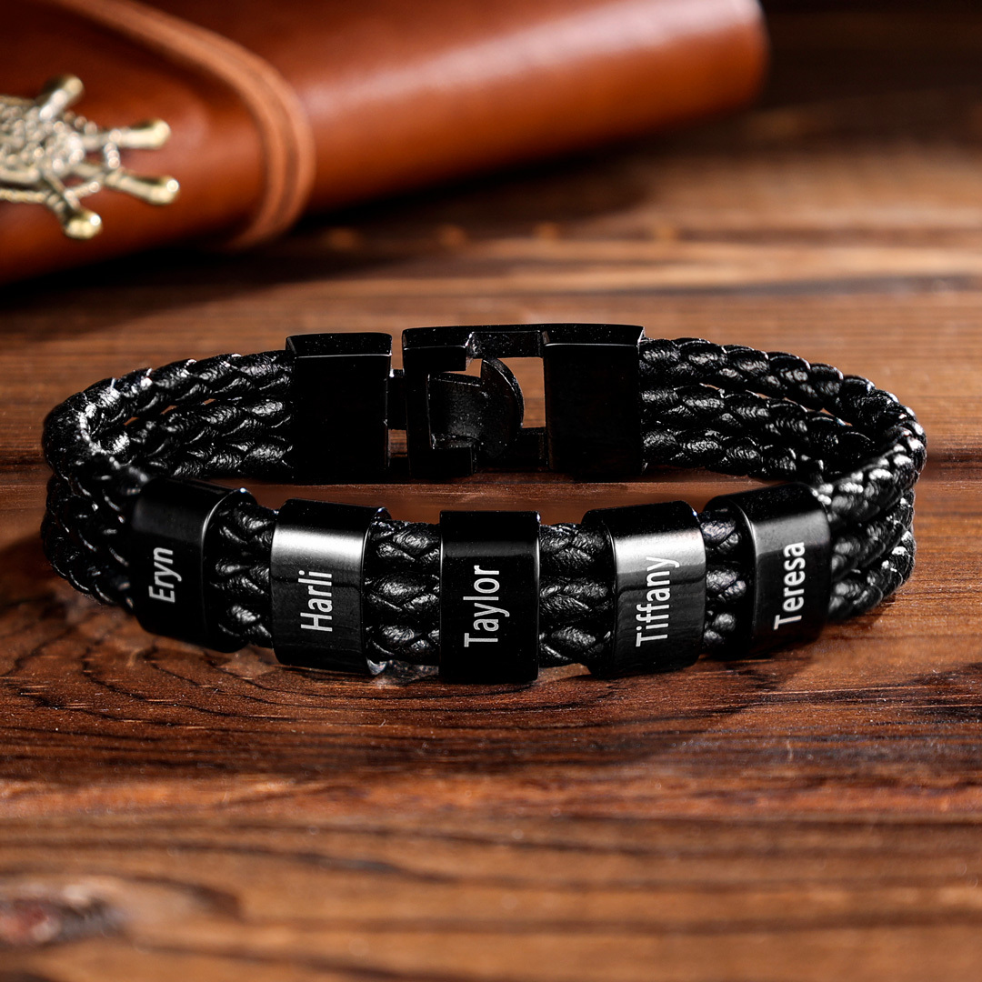 Personalized Braided Leather Bracelet Engraved 5 Names Men's Bracelet Gifts For Him