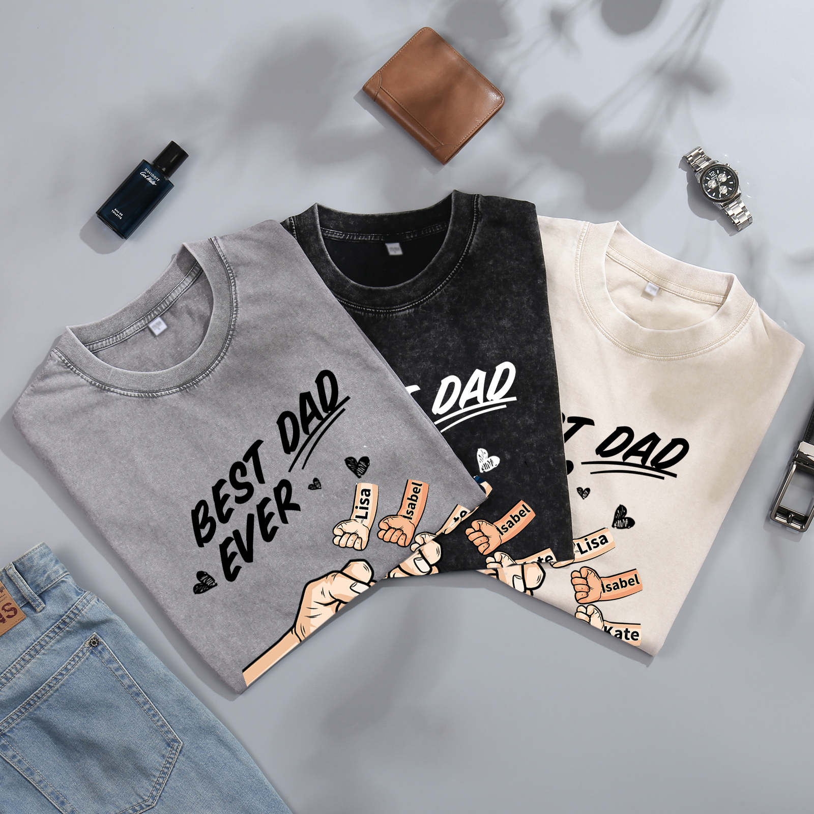 Best Dad Ever - Personalised 2–7 Names Family T-Shirt Custom Fist Bump Short Sleeve Father's Day Gifts For Dad