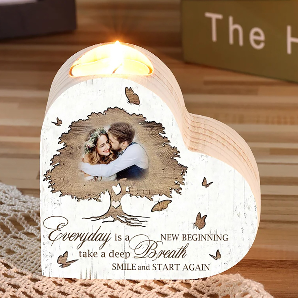 Mothers Gifts Personalized Love Couple Heart Candle Holder Engrave Photo Wooden Candlesticks Valentines Gift