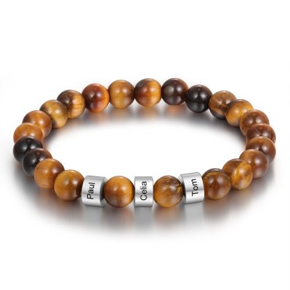 Brown Tiger Eye Men's  3 Name Bracelet Gift For Him