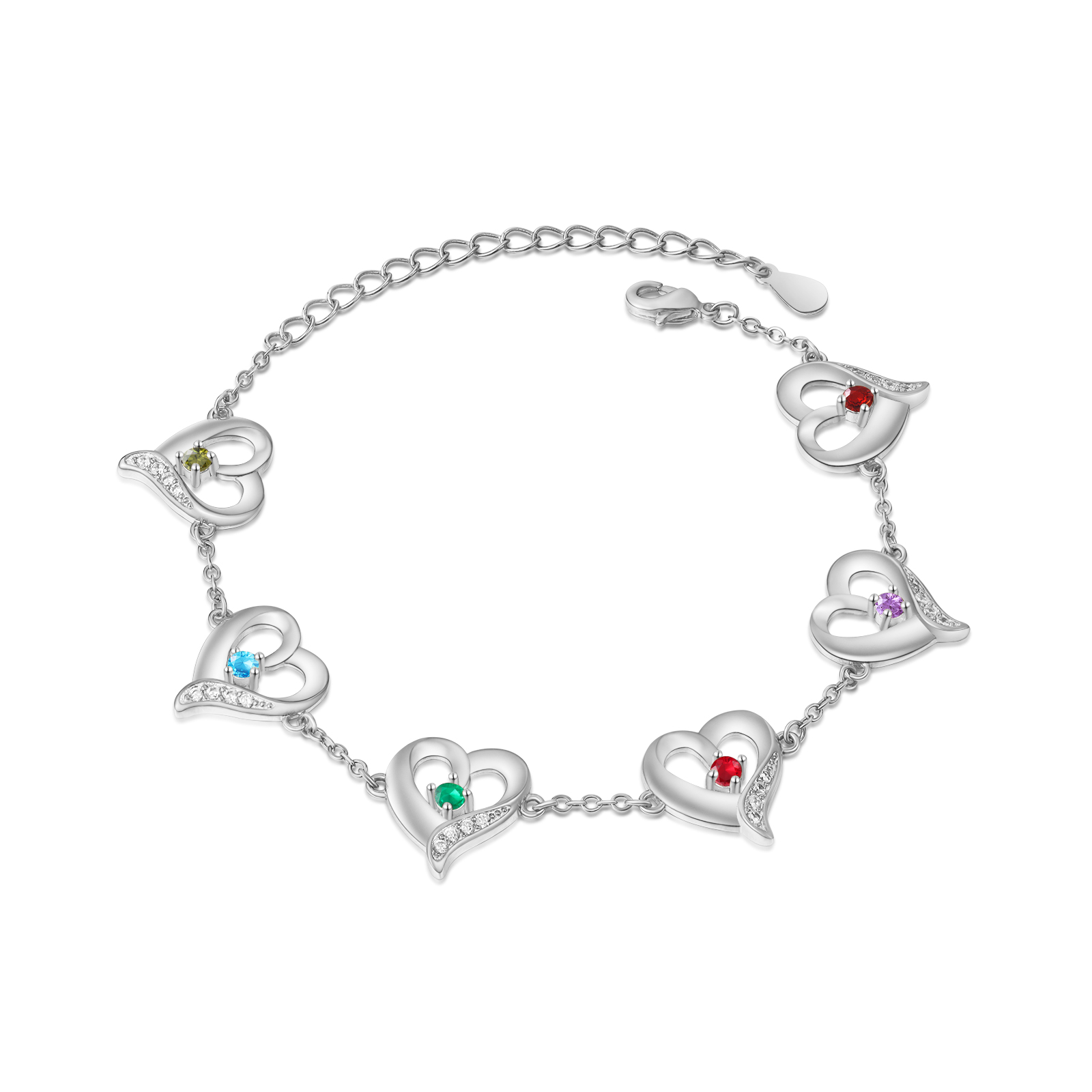 6 Names-Personalized Heart Bracelet With 6 Birthstones Engraved Names Bangle For Her