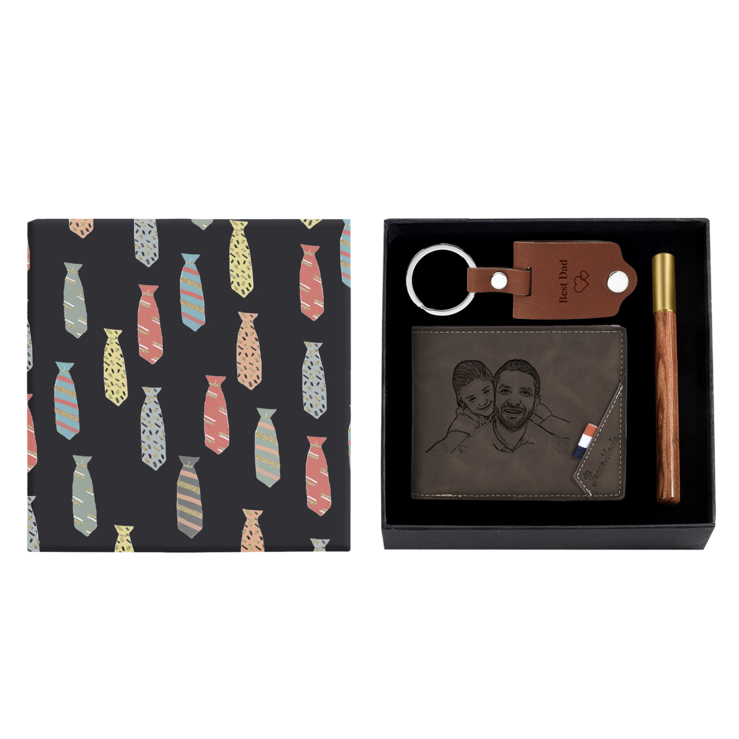 Personalized Leather Wallet Gift Box Set with Keychain Customizable Photo,Text ,Name and Letter Wallet Gift for Him