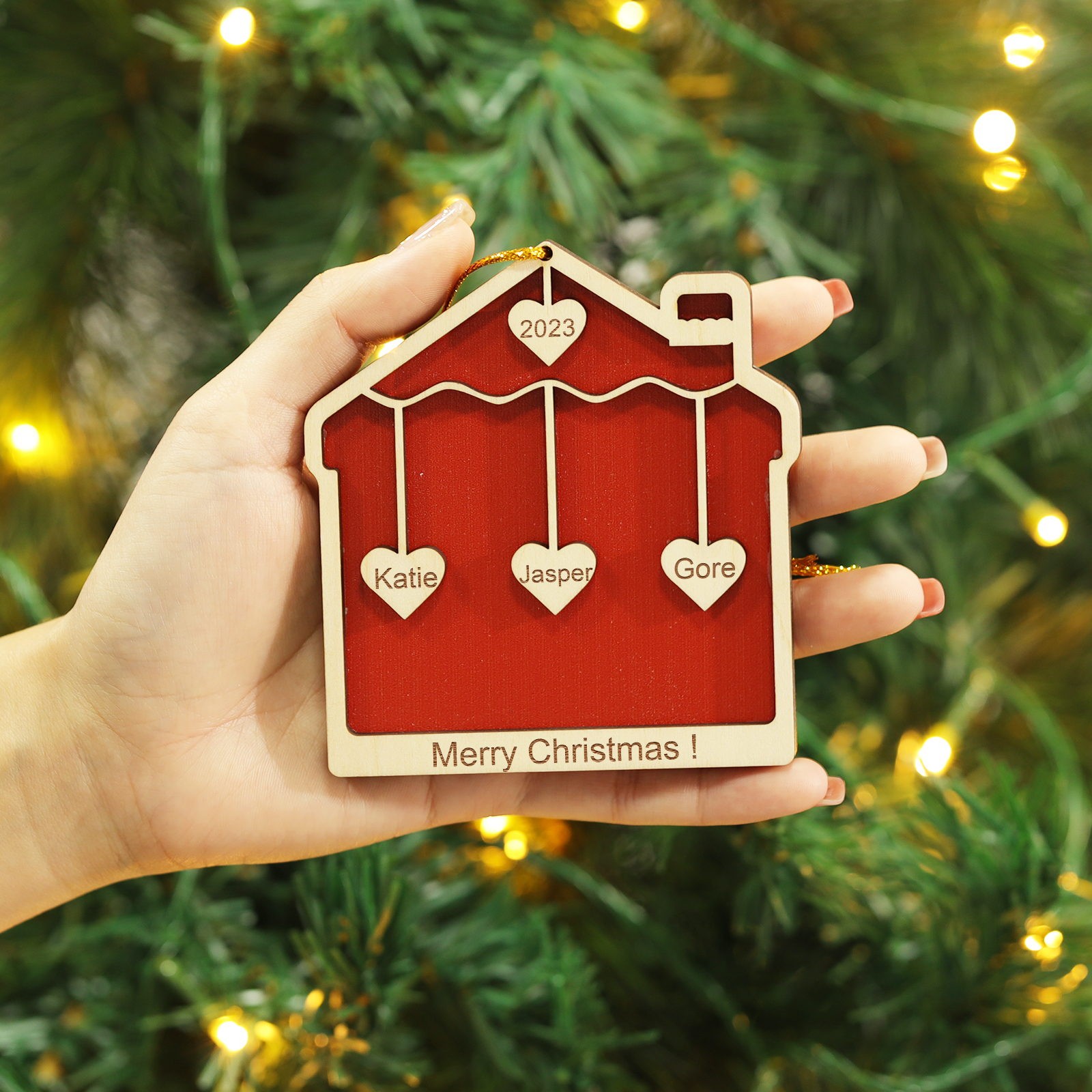 3 Names-Personalized Family Wooden Christmas Xmas Tree Decoration Ornament-Custom 3 Names And Year Hanging Ornament Gifts For Family