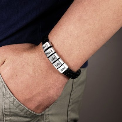 Personalized Braided Leather Bracelet Engraved 5 Names Men's Bracelet Gifts For Him