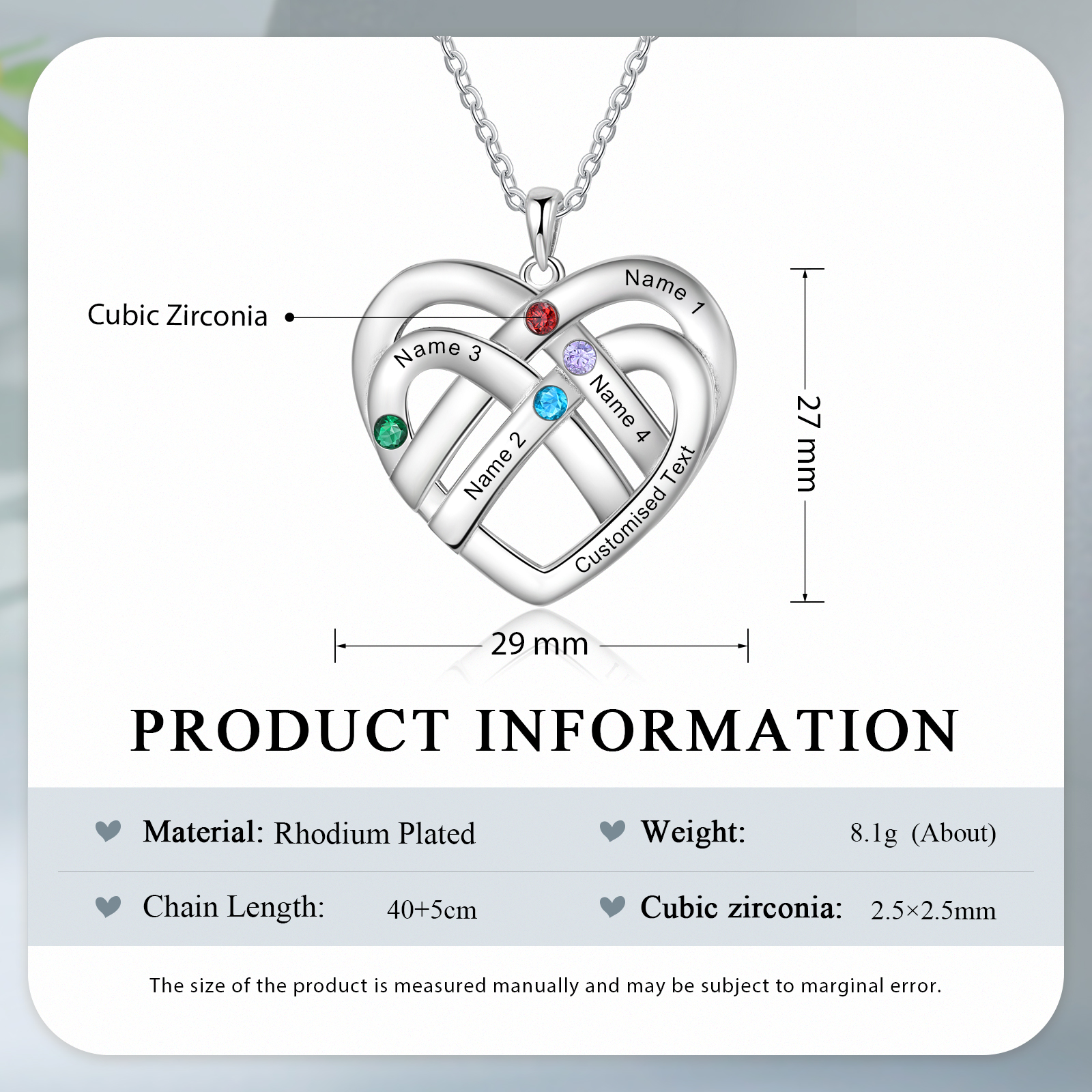 4 Names - Personalized Double Layer Heart Necklace with Custom Name and Birthstone, As a Mother's Day Gift for Mom