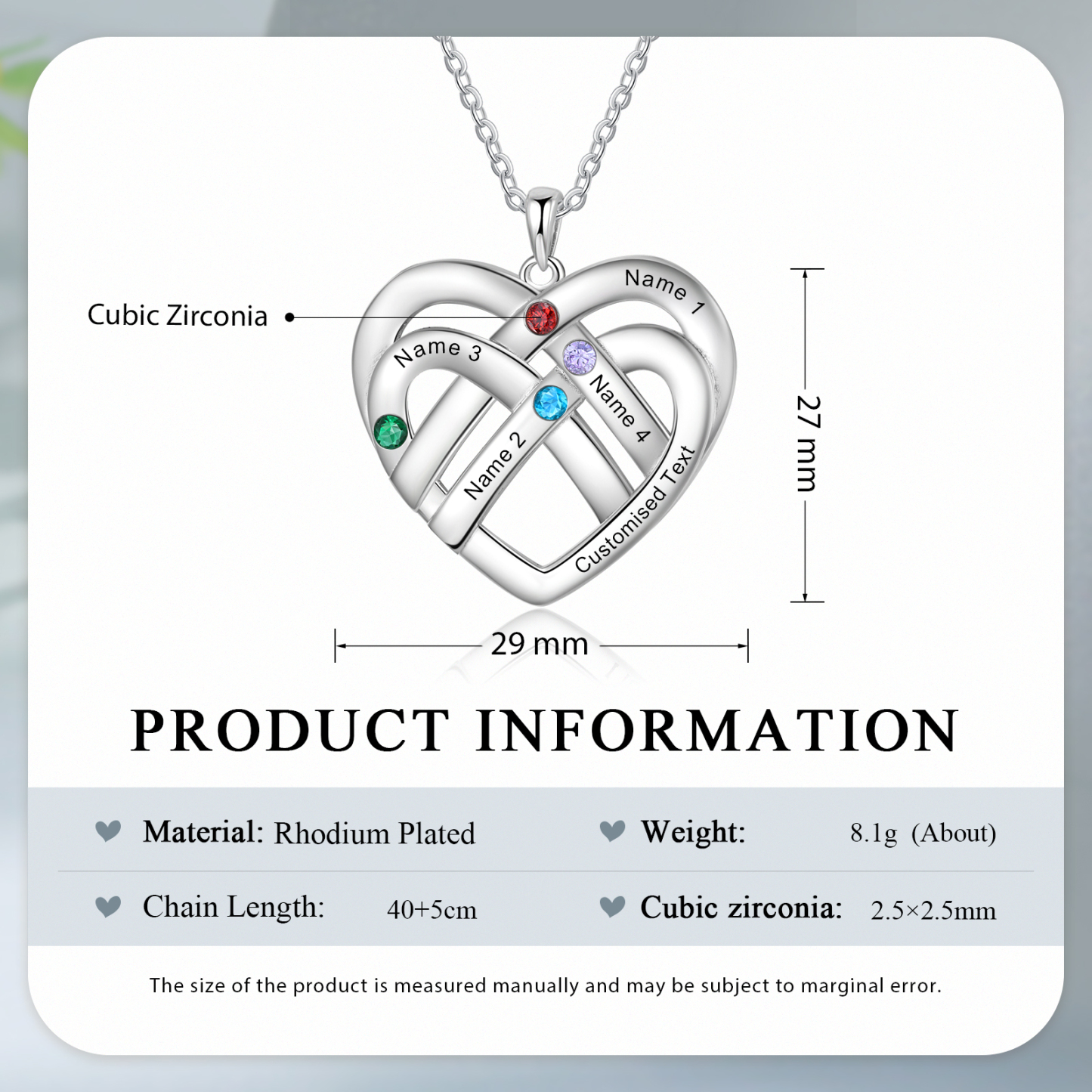4 Names - Personalized Double Layer Heart Necklace with Custom Name and Birthstone, As a Mother's Day Gift for Mom