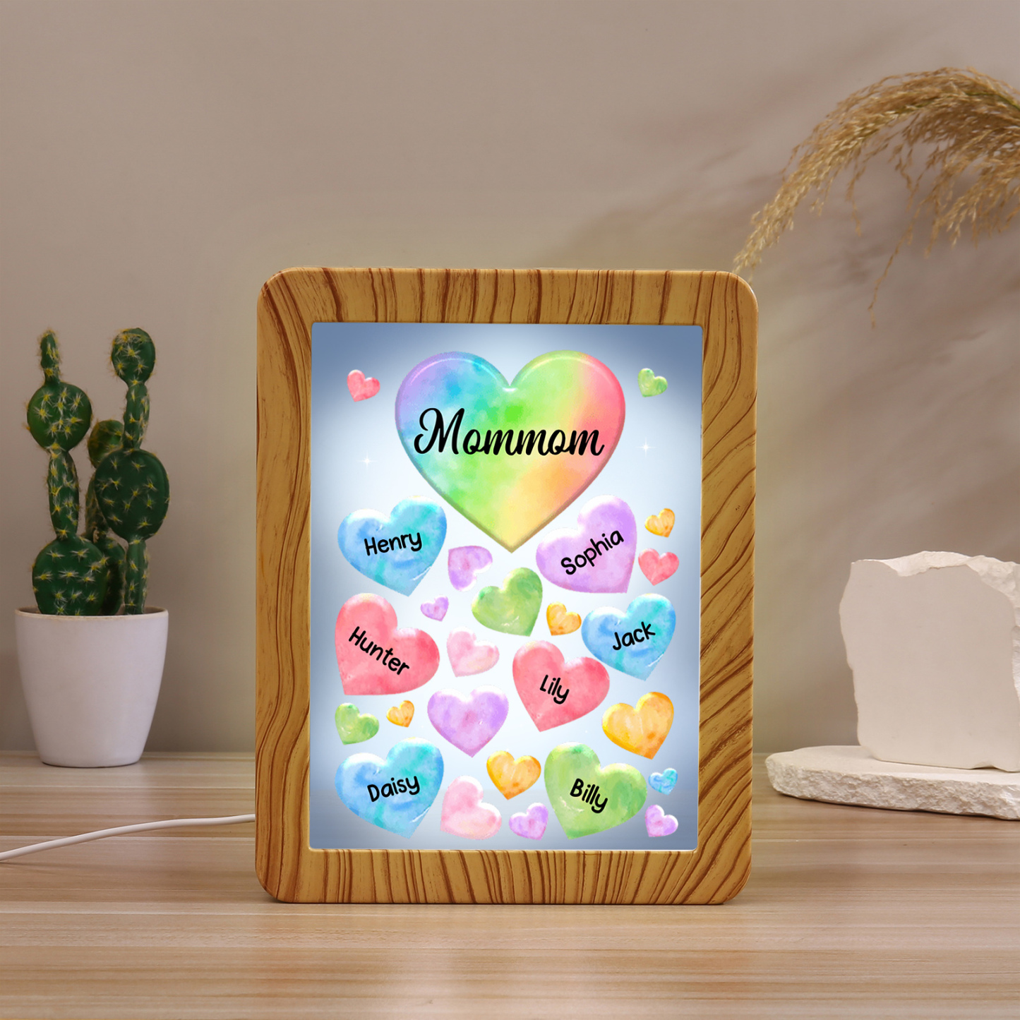7 Names - Personalized Mom Home Wood Color Plug-in Mirror Photo Frame Custom Text LED Night Light Gift for Mom