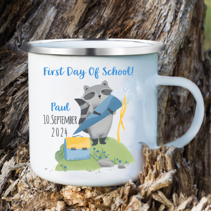 Personalized Name And Date Enamel Mug Children'S Raccoon Pattern Back To School Gift For Kid