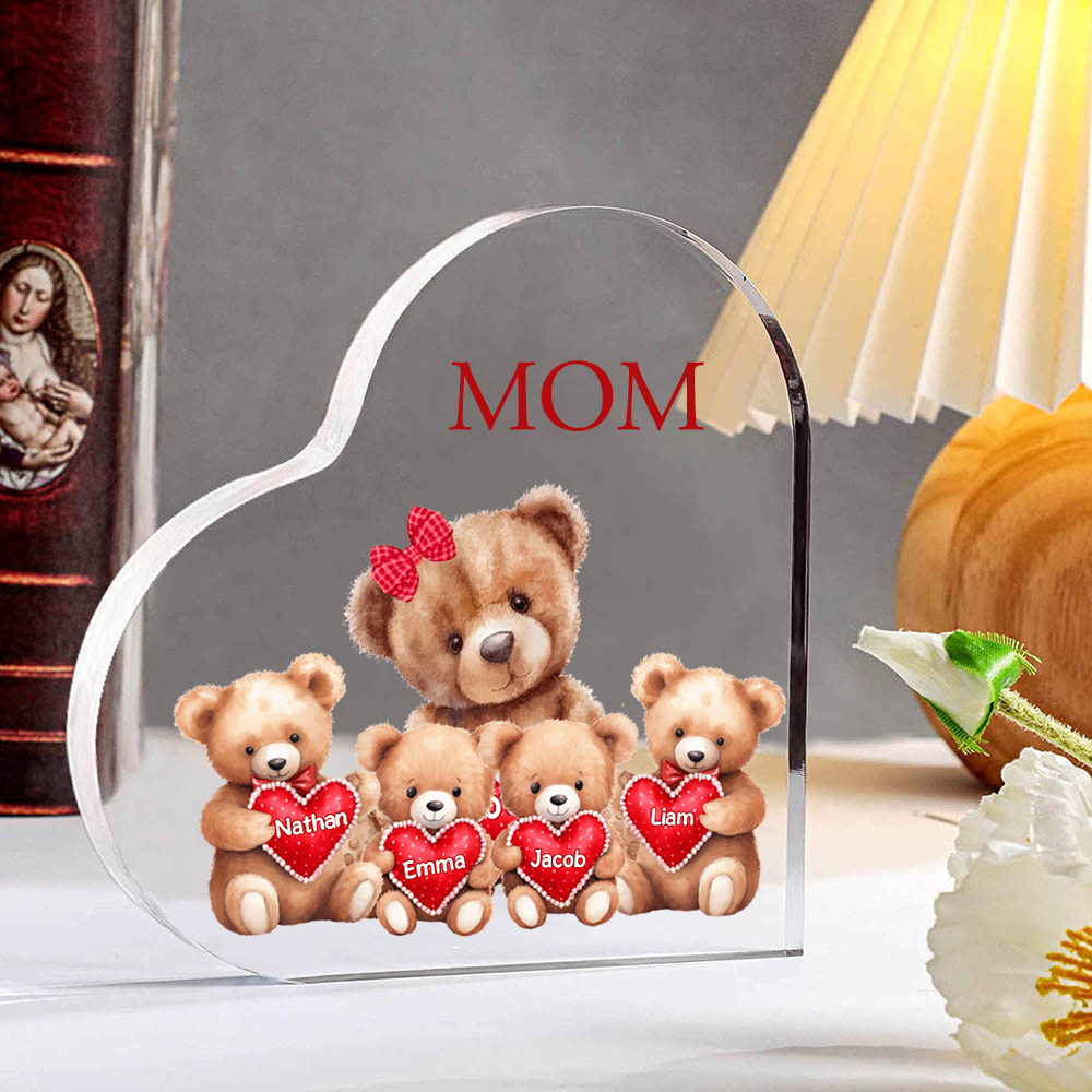 4 Names-Personalized Mom Acrylic Heart Keepsake Custom Text Love Teddy Bear Ornaments Gifts Set With Gift Box for Grandma/Mother