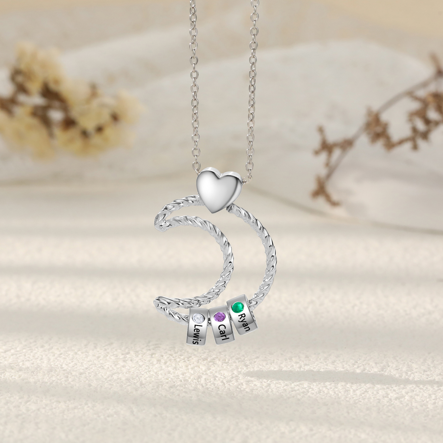 3 Names - Personalized Moon Pendant Necklace Custom Birthstones & Names Necklace Gift for Her | Jessemade