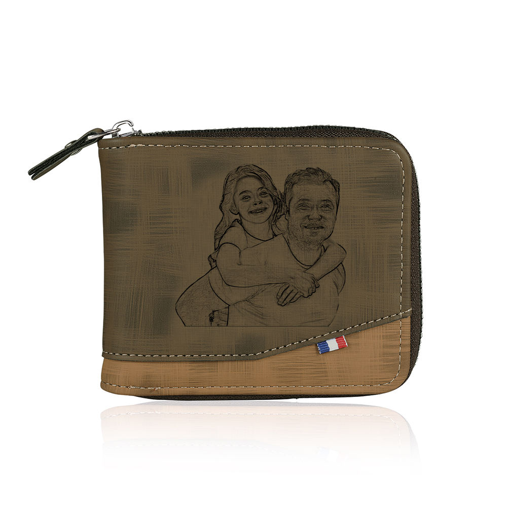 Photo Personalized Leather Zipper Men's Wallet Customized Name Letter Folding Wallet Three Colors Available with Gift Box for Dad