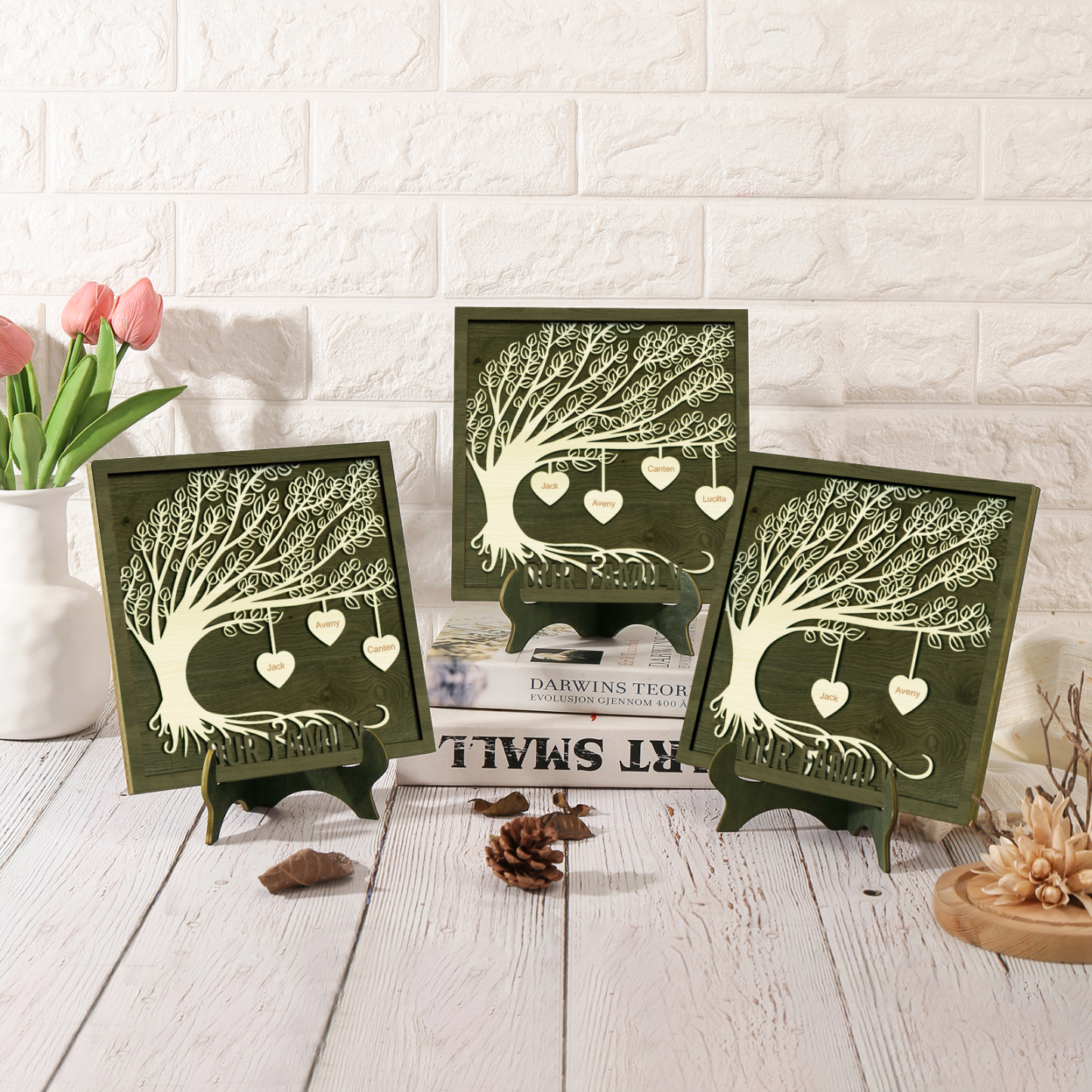 3 Names -Customized Tree Type Wooden Ornaments Decorations Text  Our Family