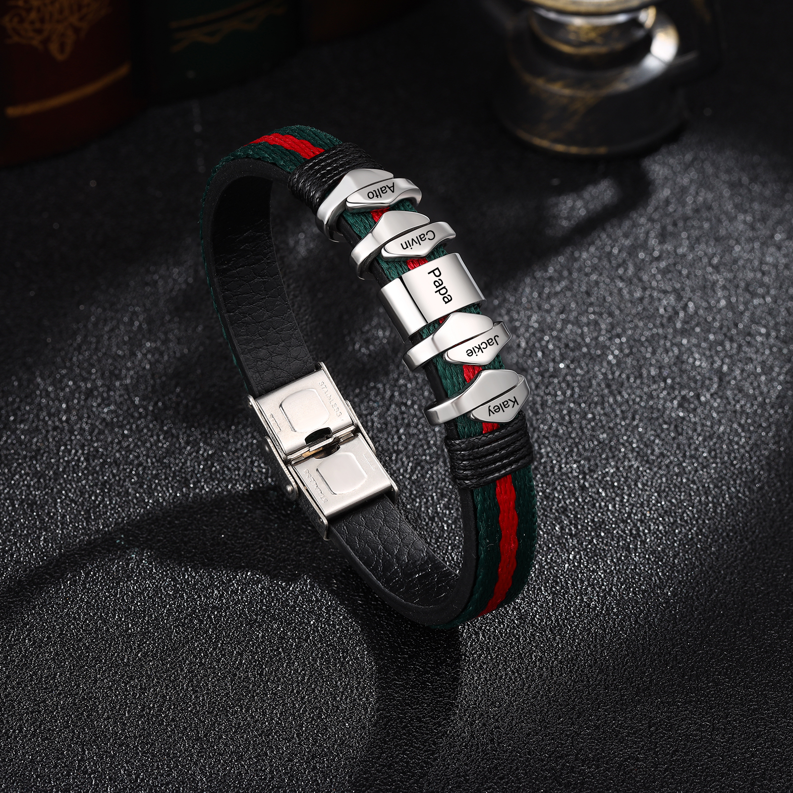 Personalized Leather Bracelet Engrave 4 Names & Text Mens Bracelet Father's Day Gifts
