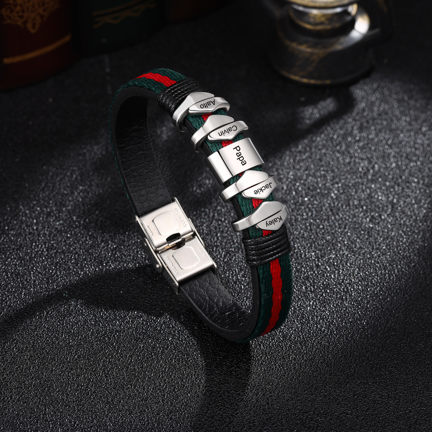 Personalized Leather Bracelet Engrave 4 Names & Text Mens Bracelet Father's Day Gifts