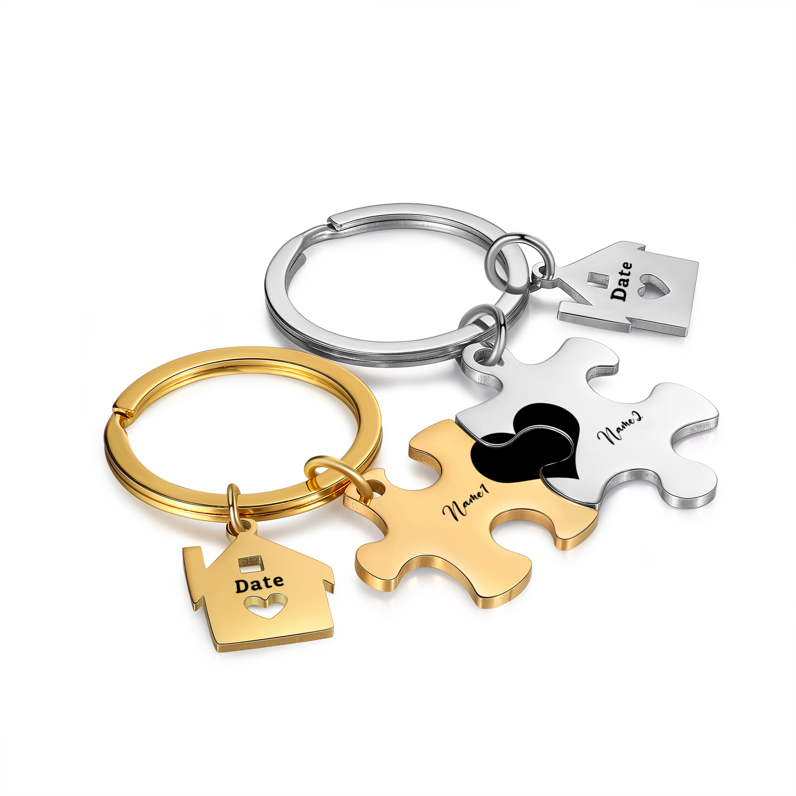 Personalized Name Puzzle Couple Keychain Engrave Date Matching Couple Gifts, Special Gift For Him/Her