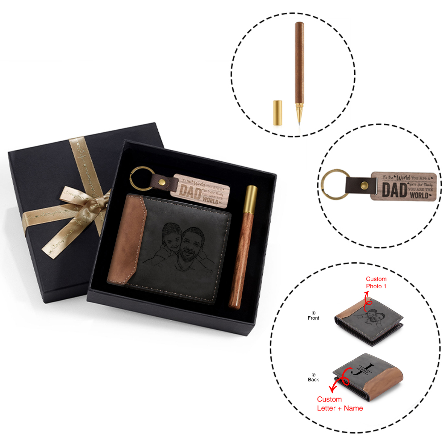 Personalized Leather Wallet Gift Box Set Keychain, Customizable Photo Name Letter Wallet Gift for Dad