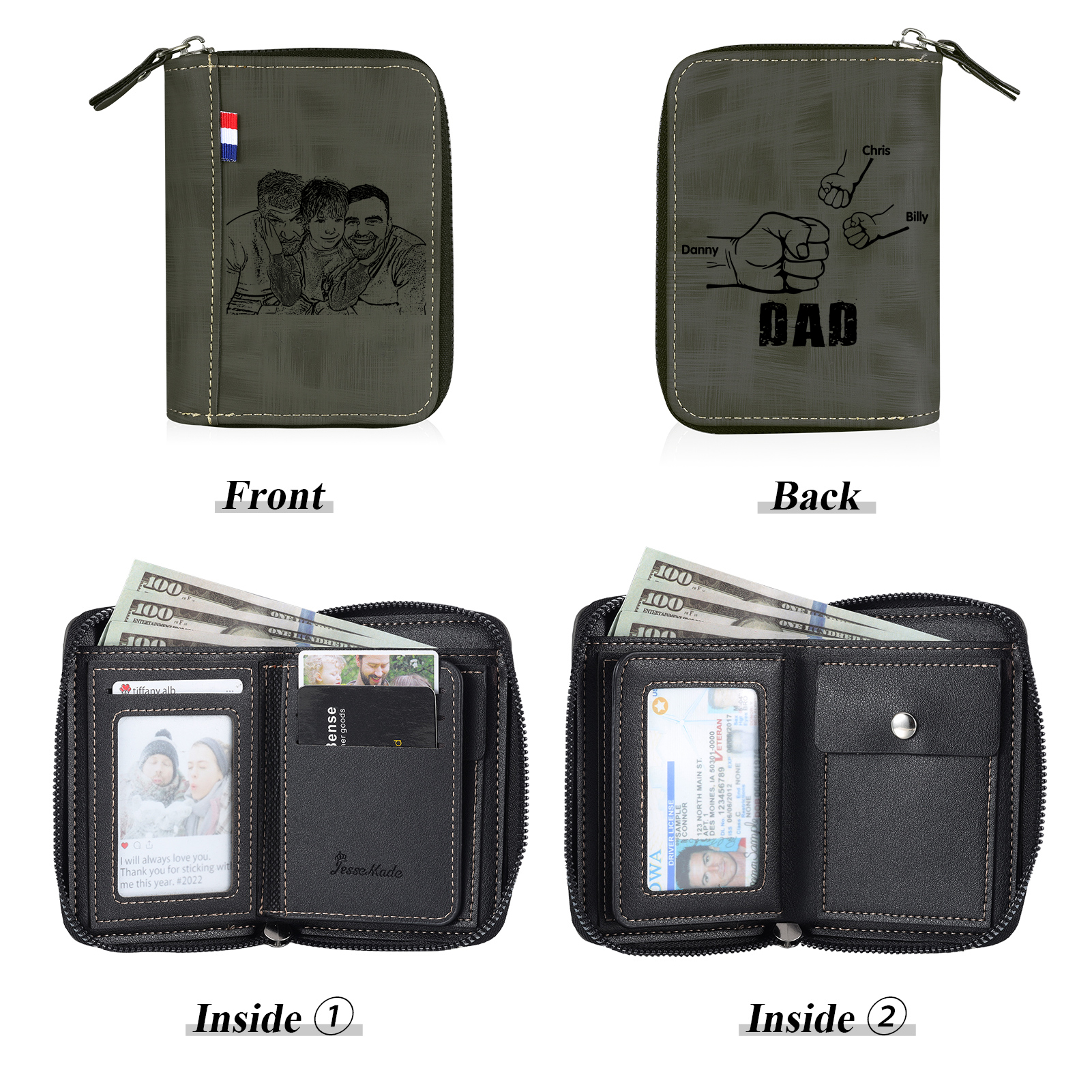 3 Names - Personalized Photo Text Custom Leather Men's Wallet Custom Name Zipper Wallet for Dad