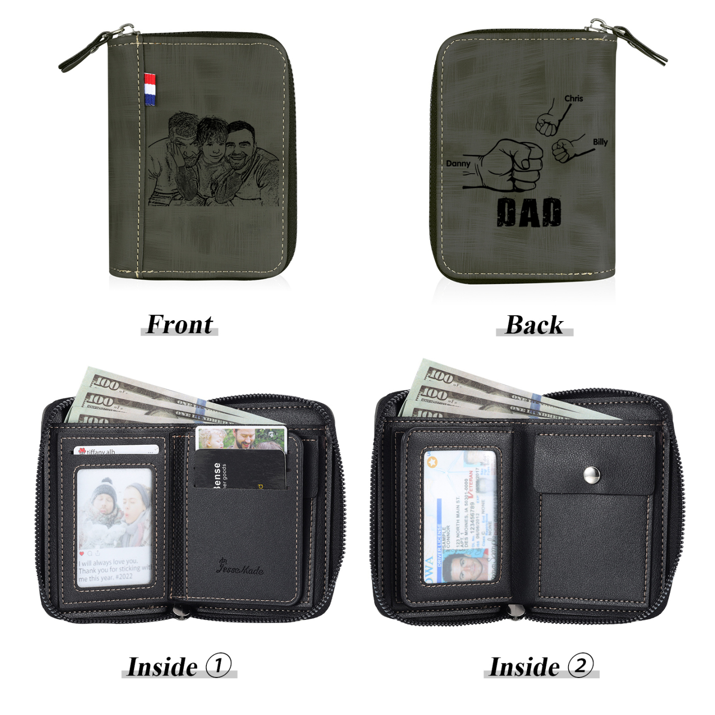 3 Names - Personalized Photo Text Custom Leather Men's Wallet Custom Name Zipper Wallet for Dad