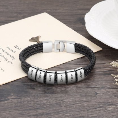 Personalized Braided Leather Bracelet Engraved 6 Names Men's Bracelet Gifts For Him