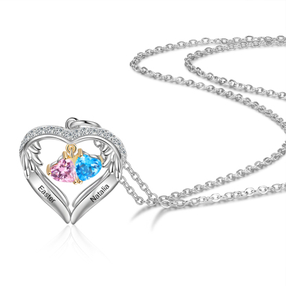 Personalized Wings S925 Silver Necklace With 2 Heart Birthstones Engraved Names Gift For Women