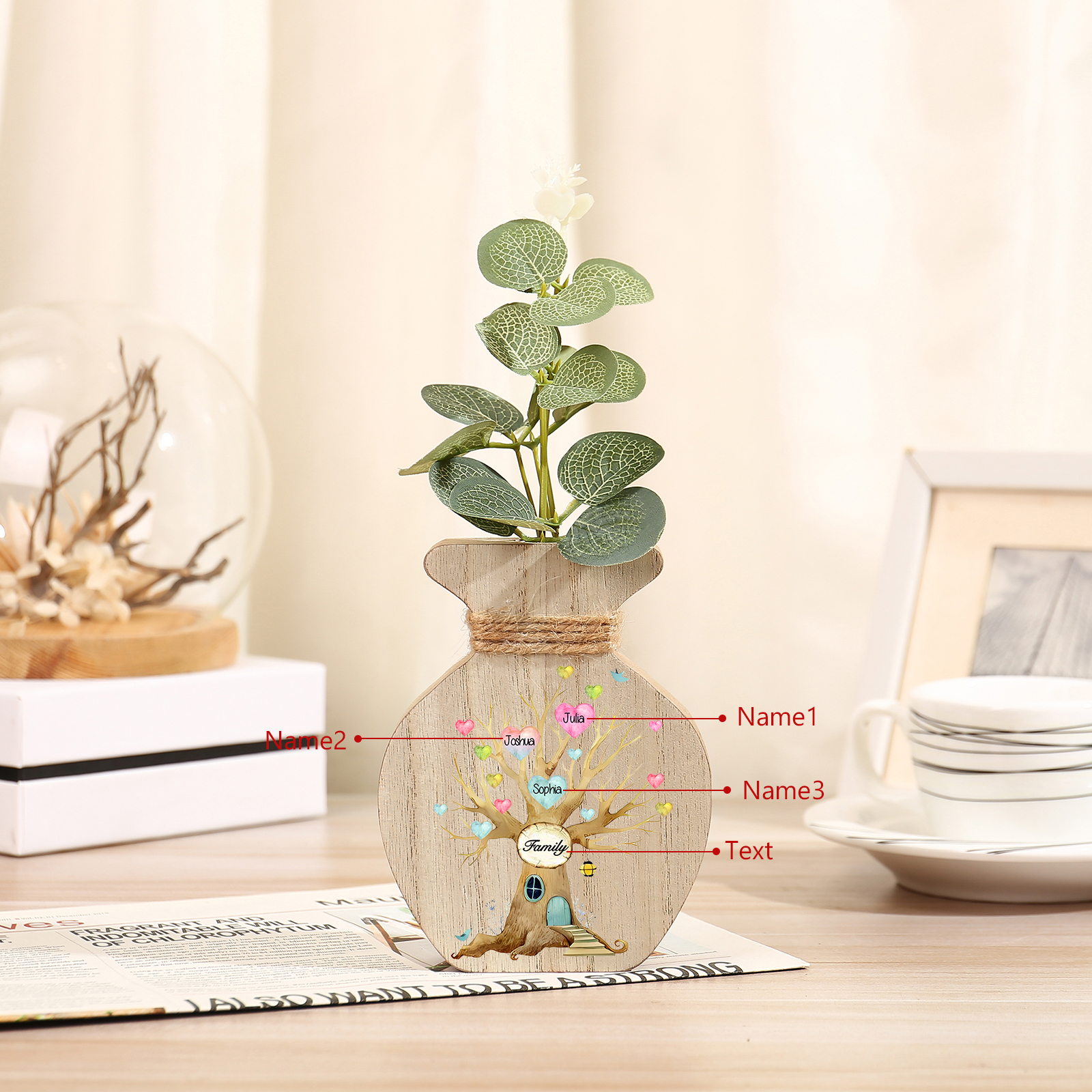 3 Names - Personalized Custom Text and Name Wooden Ornament Vase as A Gift for Family