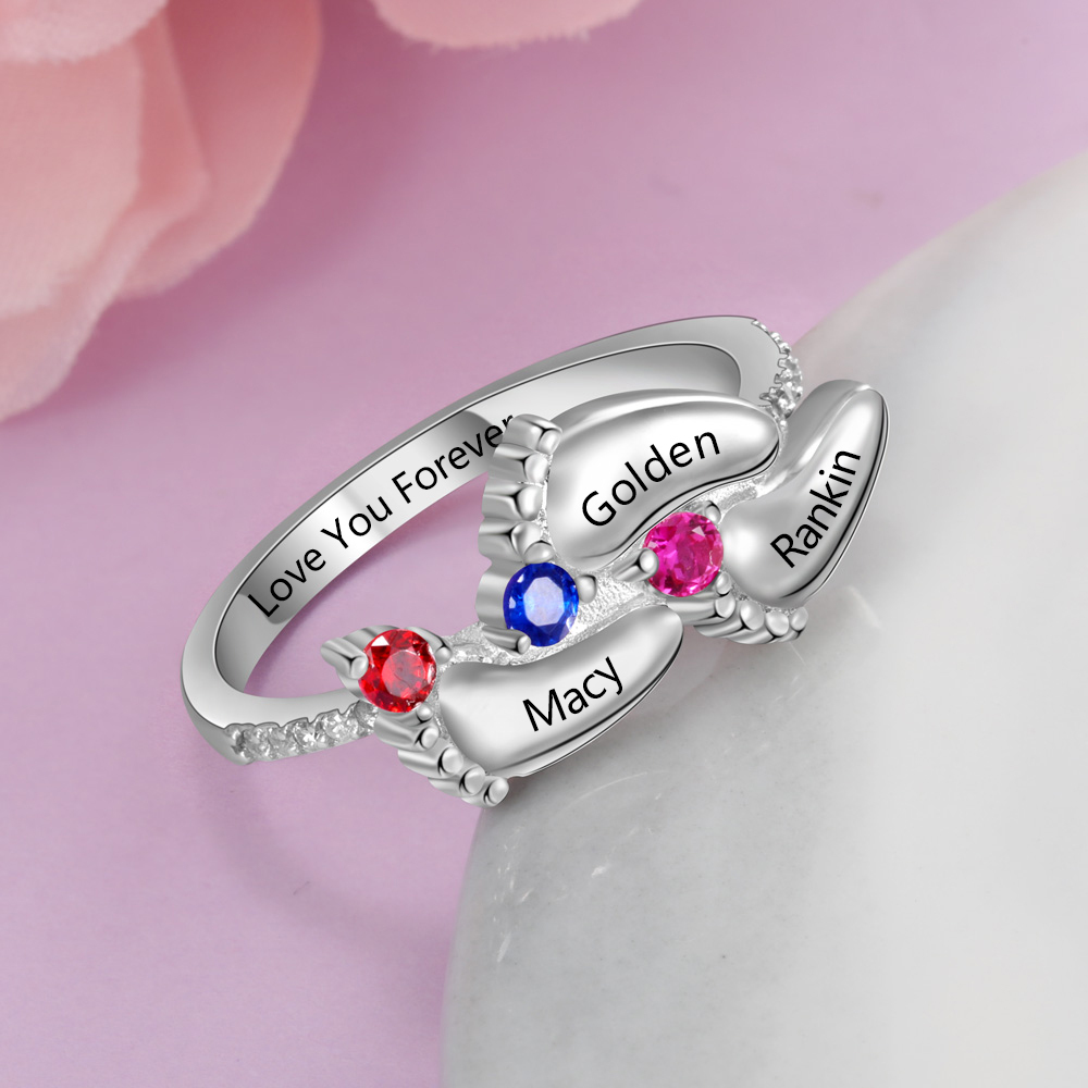 Personalized Baby Foot 925 Sliver Ring With 3 Birthstones Engraved Names Ring Gift For Women