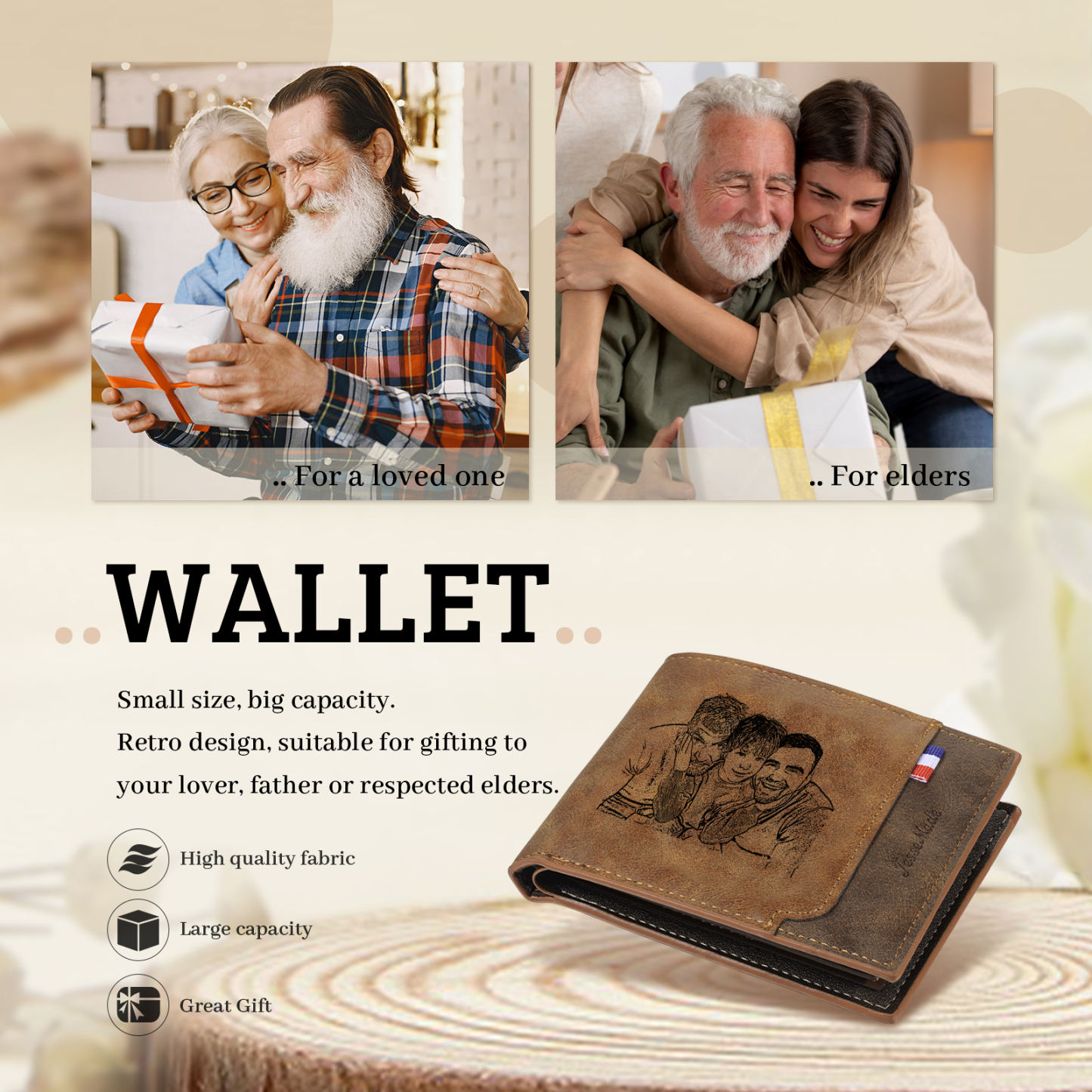7 Names - Personalized Photo Custom Leather Men's Folding Wallet as a Father's Day Gift for Dad
