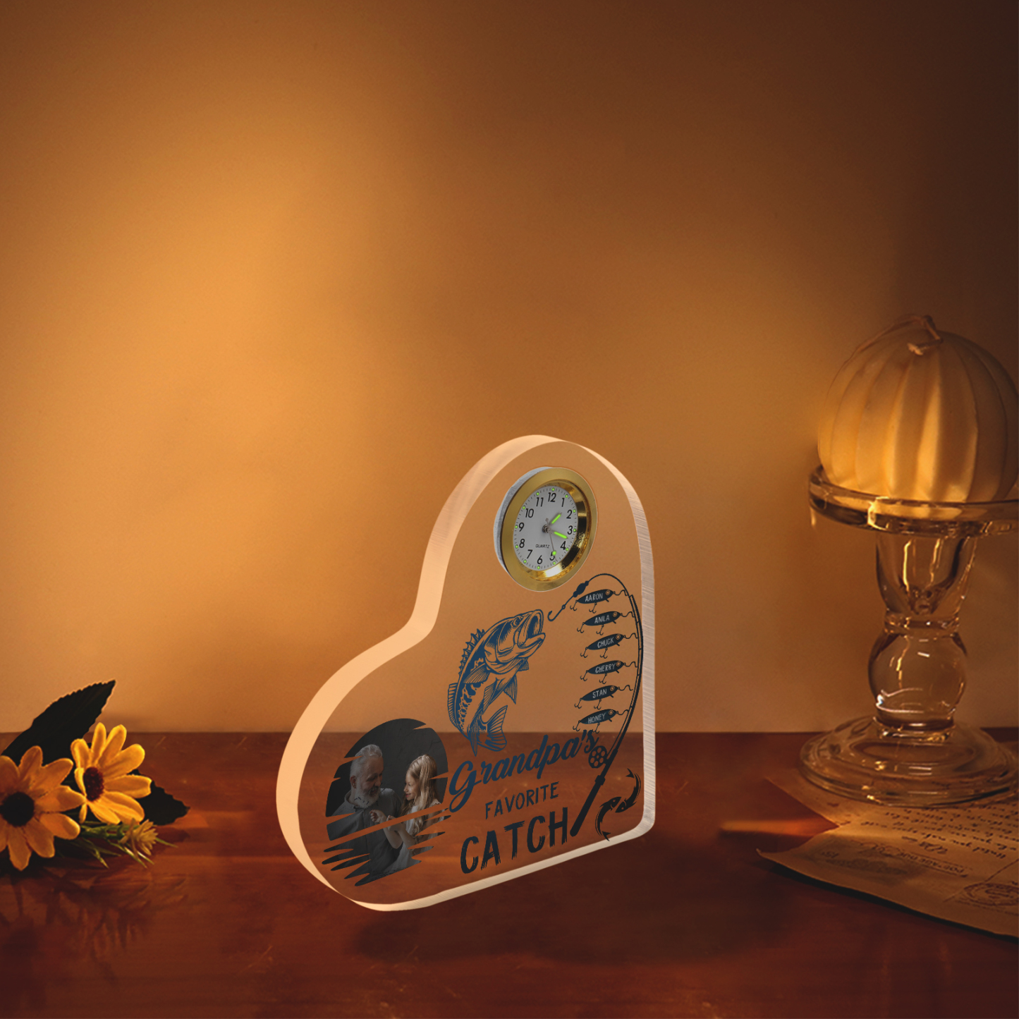 6 Names-Personalized Grandpa Name Acrylic Clock Ornament-Custom Acrylic Fishing Heart Keepsake Desktop for Family